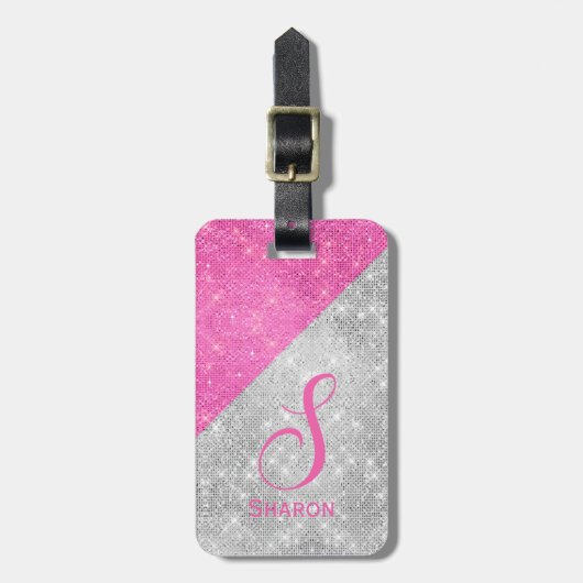 Glam Pink en Silver Monogrammed Bagagelabel (Voorkant verticaal)
