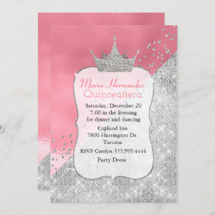 Glam Pink et Argent Crown Quinceañera Invitation