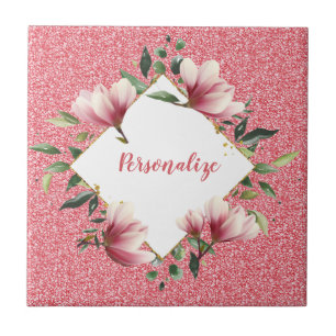 Glam Pink Glitter Flower Lijst Sparkle Personalise Tegeltje
