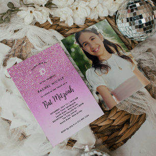 Glam Pink Glitter Look Bat Mitzvah Foto Terug Kaart