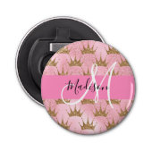 Glam Pink & Gold Glitter Sparkles Crowns Monogram Button Flesopener (Voorkant)