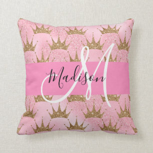Glam Pink & Gold Glitter Sparkles Crowns Monogram Kussen