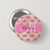 Glam Pink & Gold Glitter Sparkles Crowns Monogram Ronde Button 5,7 Cm (Voorkant /achterkant)