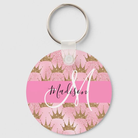 Glam Pink & Gold Glitter Sparkles Crowns Monogram Sleutelhanger (Voorkant)