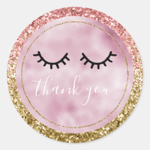 Glam Pink Gold Glitter Zwart Wimpers Bedankt Ronde Sticker