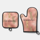 Glam Pink Gold Pineappels Ovenwant & Pannenlap Set (Voorkant)