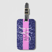 Glam Pink Navy Blue Glitter Sparkles Naam Monogram Bagagelabel (Voorkant (verticaal))