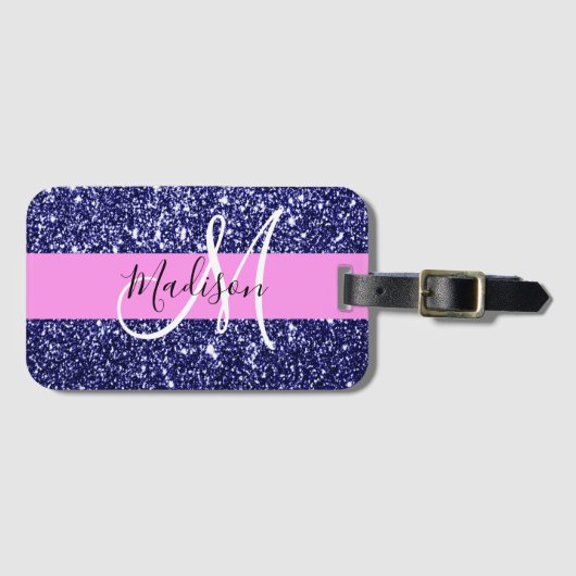 Glam Pink Navy Blue Glitter Sparkles Naam Monogram Bagagelabel (Voorkant (horizontaal))