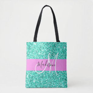 Glam Pink Turquoise Glitter Sparkles Monogram Draagtas