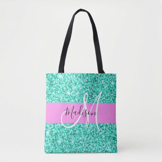 Glam Pink Turquoise Glitter Sparkles Monogram Draagtas (Voorkant)