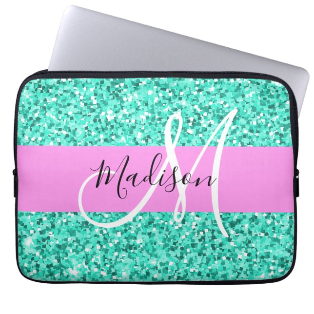 Glam Pink Turquoise Glitter Sparkles Monogram Laptop Sleeve (Voorkant)