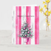 Glam Pink White Christmas Tree Stripes Kaart (Gele Bloem)