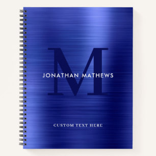 Glam Plain Brushed Metallic Royal Blue Monogram Notitieboek