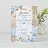 Glam Princess Blue Roos Butterfly Quinceanera Kaart (Staand voorkant)