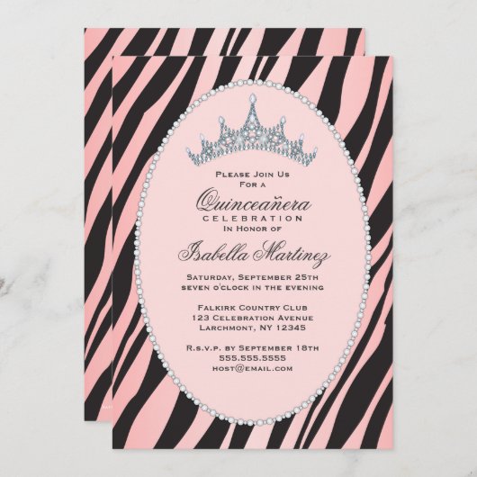 Glam Princess Tiara Zebra Pink Quinceanera Party Kaart (Voorkant / Achterkant)