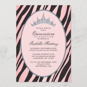 Glam Princess Tiara Zebra Pink Quinceanera Party Kaart