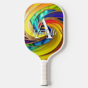 Glam Rainbow Abstract Pinrad Monogram Pickleball Paddle