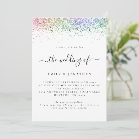 Glam Rainbow Glitter QR code Weddenschap Kaart (Staand voorkant)