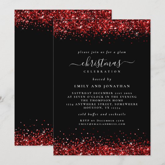 Glam Red Glitter-kerstfeest Black Kaart (Voorkant / Achterkant)