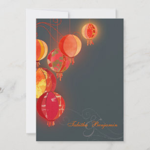 Glam Red Lantern Charcoal Gray Wedding Kaart