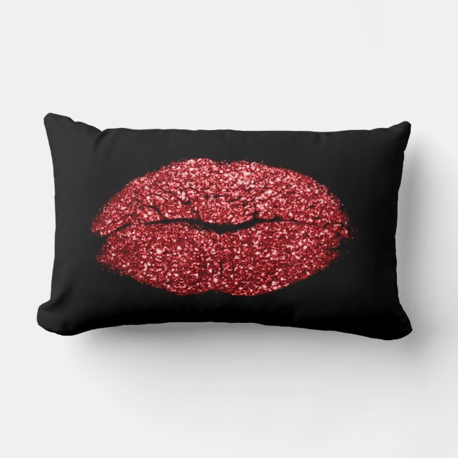 Glam Red Lips Glitter Zwart Make-up Kus Kussen (Voorkant)