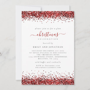 Glam Red Parties scintillant Noël Invitation blanc