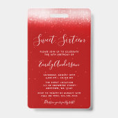 Glam Red Sweet 16 Invitation Carte VIP Badge (Arrière)