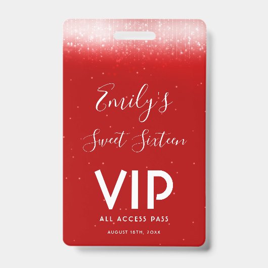 Glam Red Sweet 16 Invitation Carte VIP Badge (Avant)