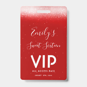 Glam Red Sweet 16 Uitnodiging VIP Pass Badge