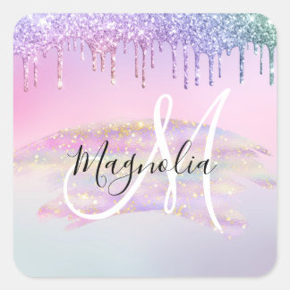 Glam Regenboog Eenhoorn Ombre Glitter Roze Monogra Vierkante Sticker