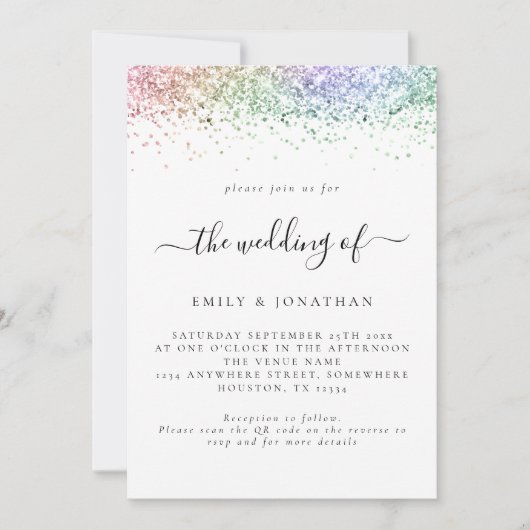 Glam Regenboog Glitter QR-code Huwelijk Kaart (Voorkant)