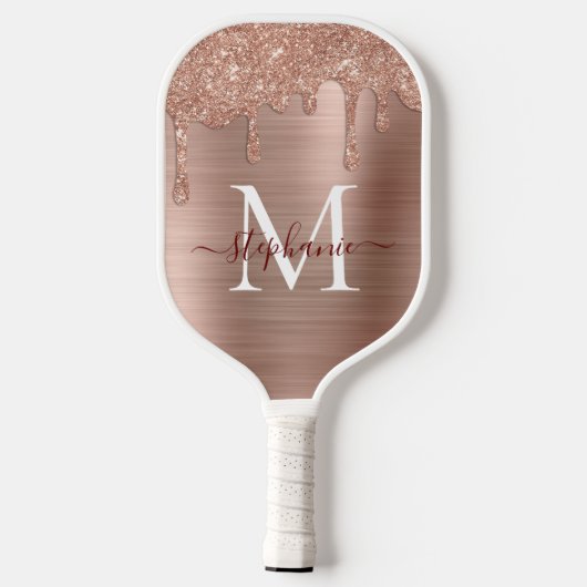 Glam Roos Gold Glitter Drip Elegant Monogram Pickleball Paddle (Achterkant)