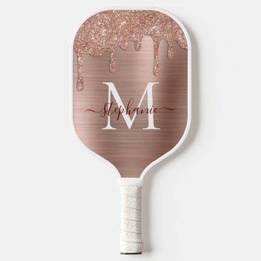 Glam Roos Gold Glitter Drip Elegant Monogram Pickleball Paddle (Voorkant)