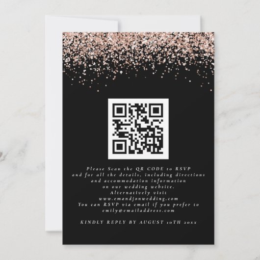 Glam Roos Gold Glitter QR Code Black Weddenschap Kaart (Achterkant)