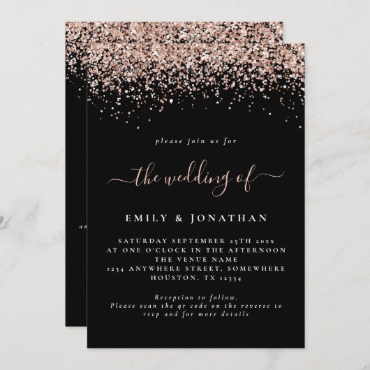 Glam Roos Gold Glitter QR Code Black Weddenschap Kaart (Voorkant / Achterkant)