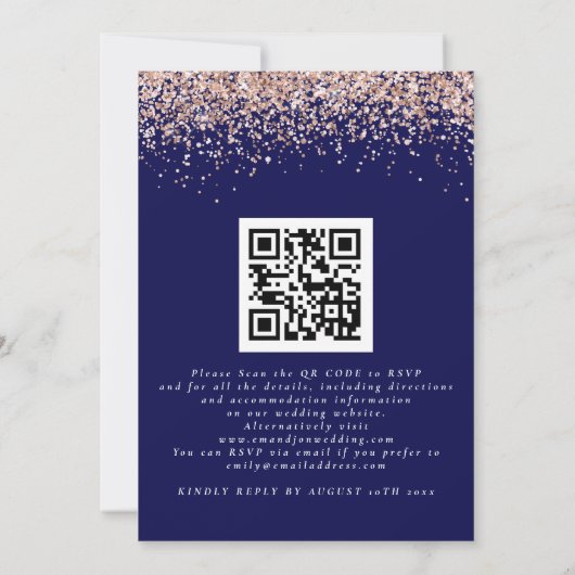Glam Roos Gold Glitter QR Code Navy Blush Weddensc Kaart (Achterkant)