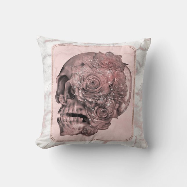 Glam Roos Gold Pink Skull Marmer Kussen (Voorkant)