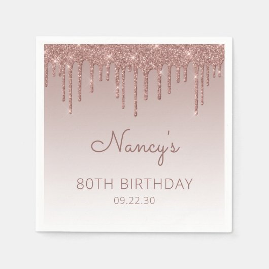 Glam Roos Goud Glitter Drip 80ste Verjaardagsfeest Servet (Voorkant)