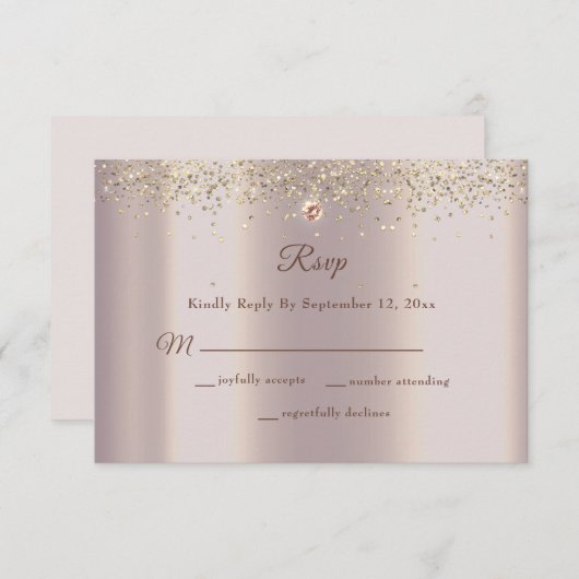 Glam Roos Gouden Glitter Sparkle Bruiloft RSVP Kaartje (Voorkant / Achterkant)