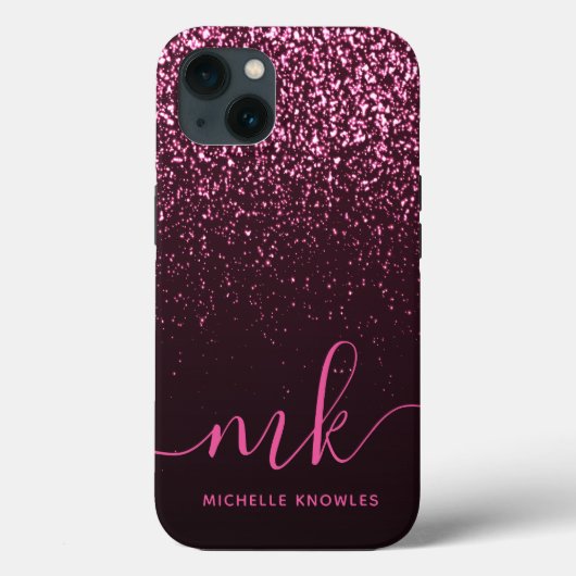 Glam Roos Roze Glitter Moderne Manuscript Monogram Case-Mate iPhone Case (Achterkant)