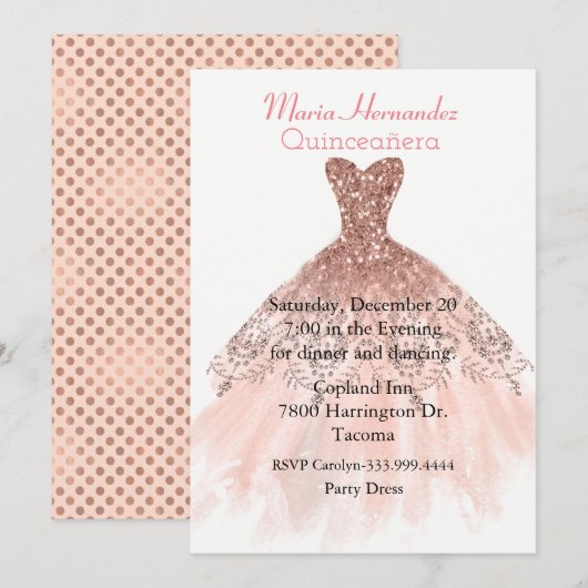 Glam Rose Gold Gown Quinceañera Invitation (Devant / Derrière)