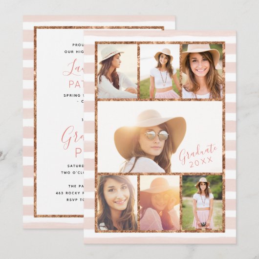 Glam Rose Gold Photo Collage Graduation Invitation (Devant / Derrière)