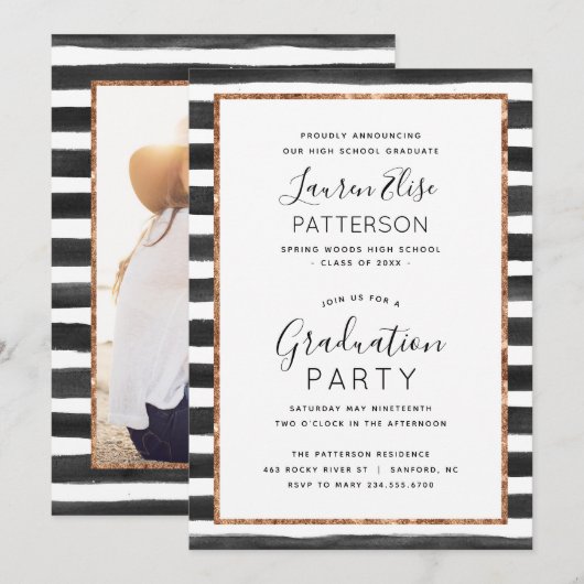 Glam Rose Gold Photo Graduation Party Invitation (Devant / Derrière)