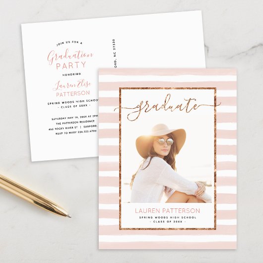 Glam Rose Gold Photo Graduation Party Invitation