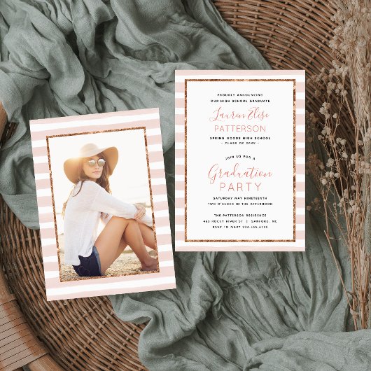 Glam Rose Gold Photo Graduation Party Invitation