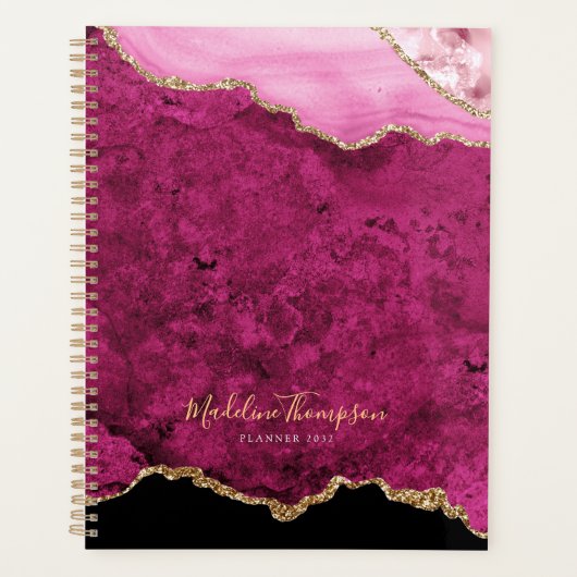 Glam Rose Magenta Velours Agate Géode Or Script (Devant)