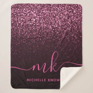 Glam Rose Roze Glitter Modern Script Monogram Naam Sherpa Deken