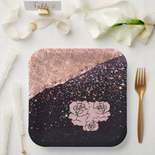 Glam Rose Zwarte Glitter Blush Rozen Papieren Bordje