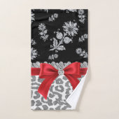 Glam Rouge Bow-Grey Léopard-Argent Floral Étincell (Serviette à main)