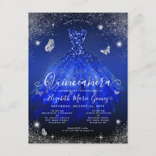 Glam Royal Blue Silver Glitter Gown Quinceanera Briefkaart
